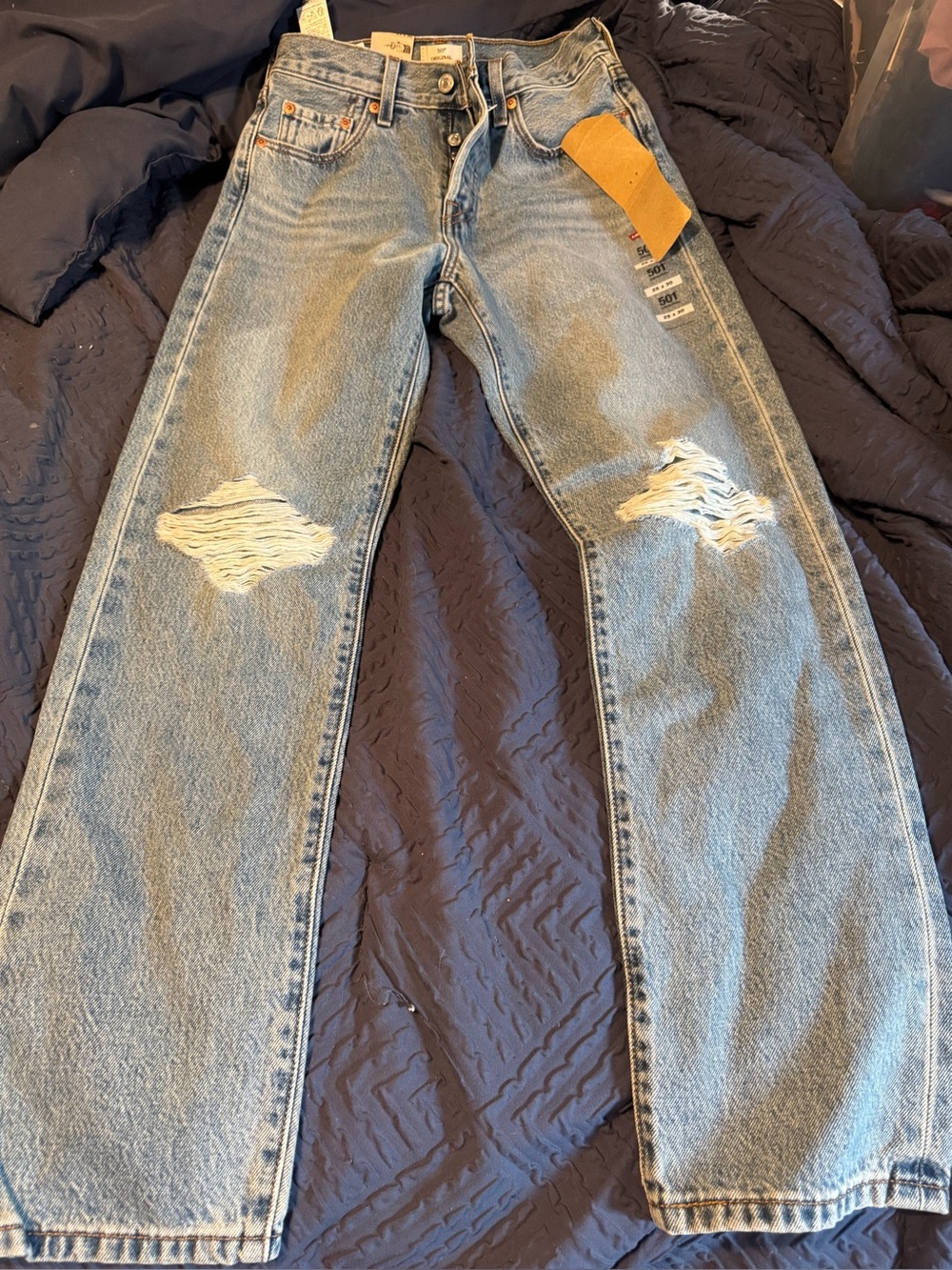 Levis 501 Original High Rise Straight Leg Distressed Jeans Light Wash 25x30. A